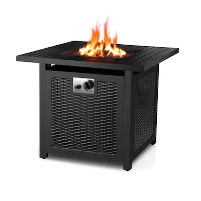 Nepton 28 in. Square Outdoor Black Rattan Style Powder Coated Steel Propane Fire Pit Table with Lava Rock