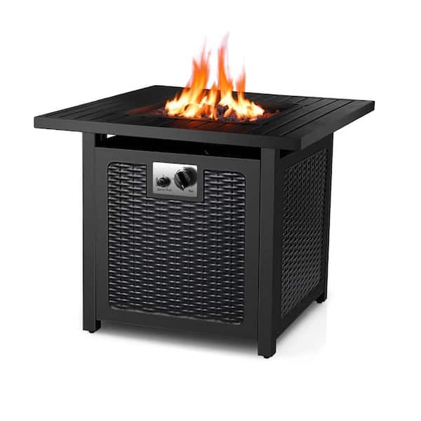 Oakville Furniture Nepton 28 in. Square Outdoor Black Rattan Style Powder Coated Steel Propane Fire Pit Table with Lava Rock