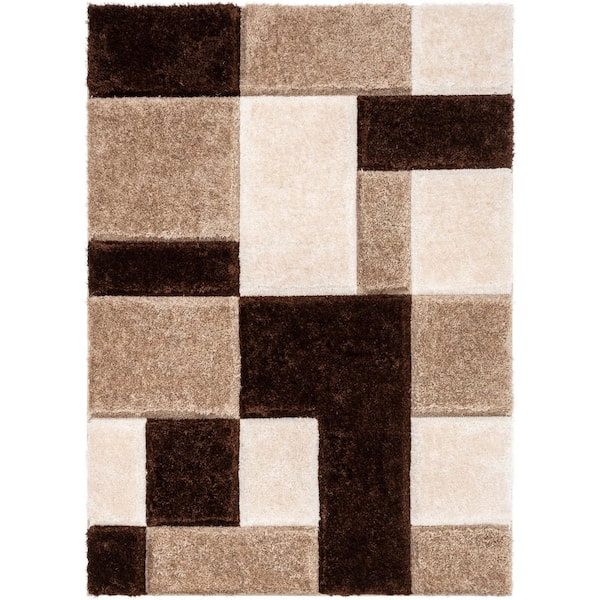 Well Woven San Francisco Escondido Brown Modern Geometric Squares 7 ft. 10 in. x 9 ft. 10 in. 3D Carved Shag Area Rug