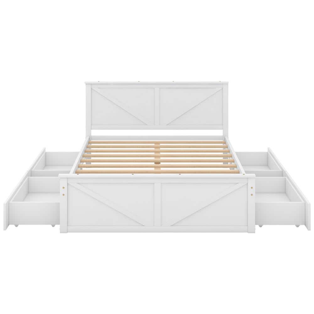 Queen Size White Pine Platform Bed with Storage Drawers