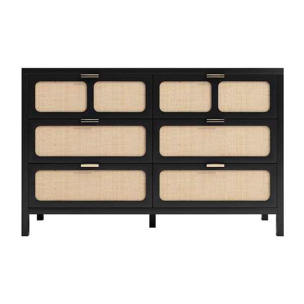 ATHMILE Black Wooden Rattan Woven 6-Drawer Storage Dresser Cabinet(15.7in.D x 47.2in.W x 29.7in.H)