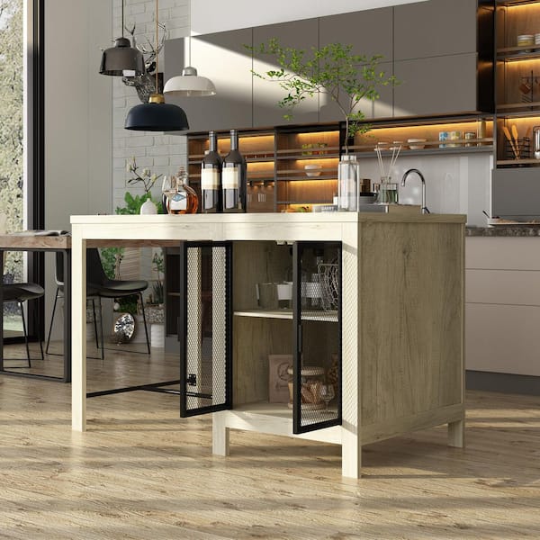 White Oak Wood Top 63 in. Kitchen Island with Adjustable Shelf and Black Mesh Doors
