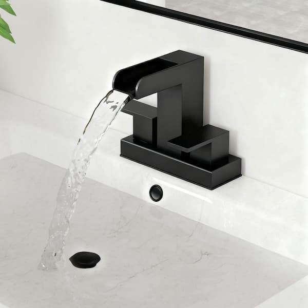 4 in. Centerset Double Handle Bathroom Faucet with Waterfall Spout in Matte Black (Valve Included)