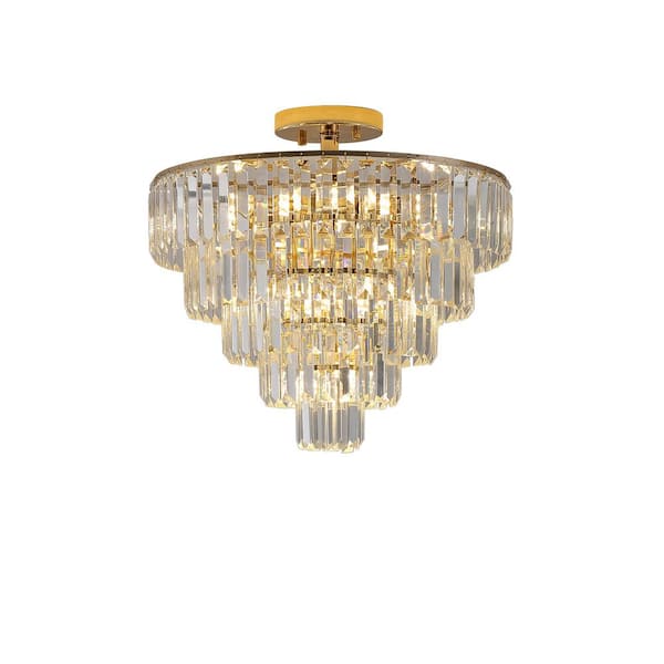 HKMGT 19.6 in. 10-Light Gold Luxury Ceiling Lighting Semi-Flush Mount with Crystal Shade and No Bulbs Included