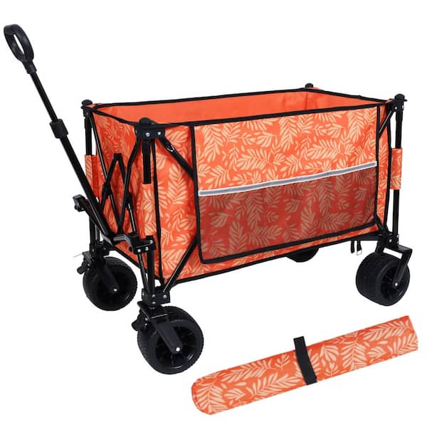 5.3 cu. ft. Orange Fabric & Black Steel Folding Utility Garden Cart with Picnic Mat, Brakes & Accessory Pockets
