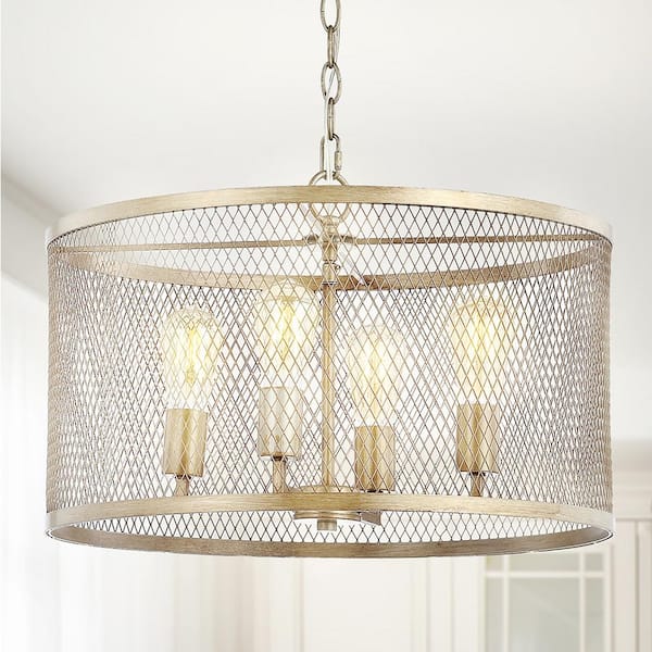 JONATHAN Y Pen 4-Light 20 in. Antiqued Gold Iron Adjustable Industrial Mesh LED Pendant