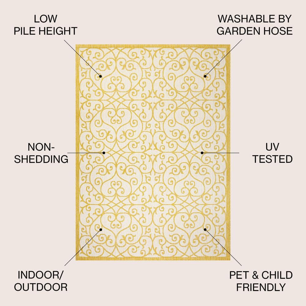 Cream and Yellow Filigree Flat Woven Reversible Rug 8' x 10'