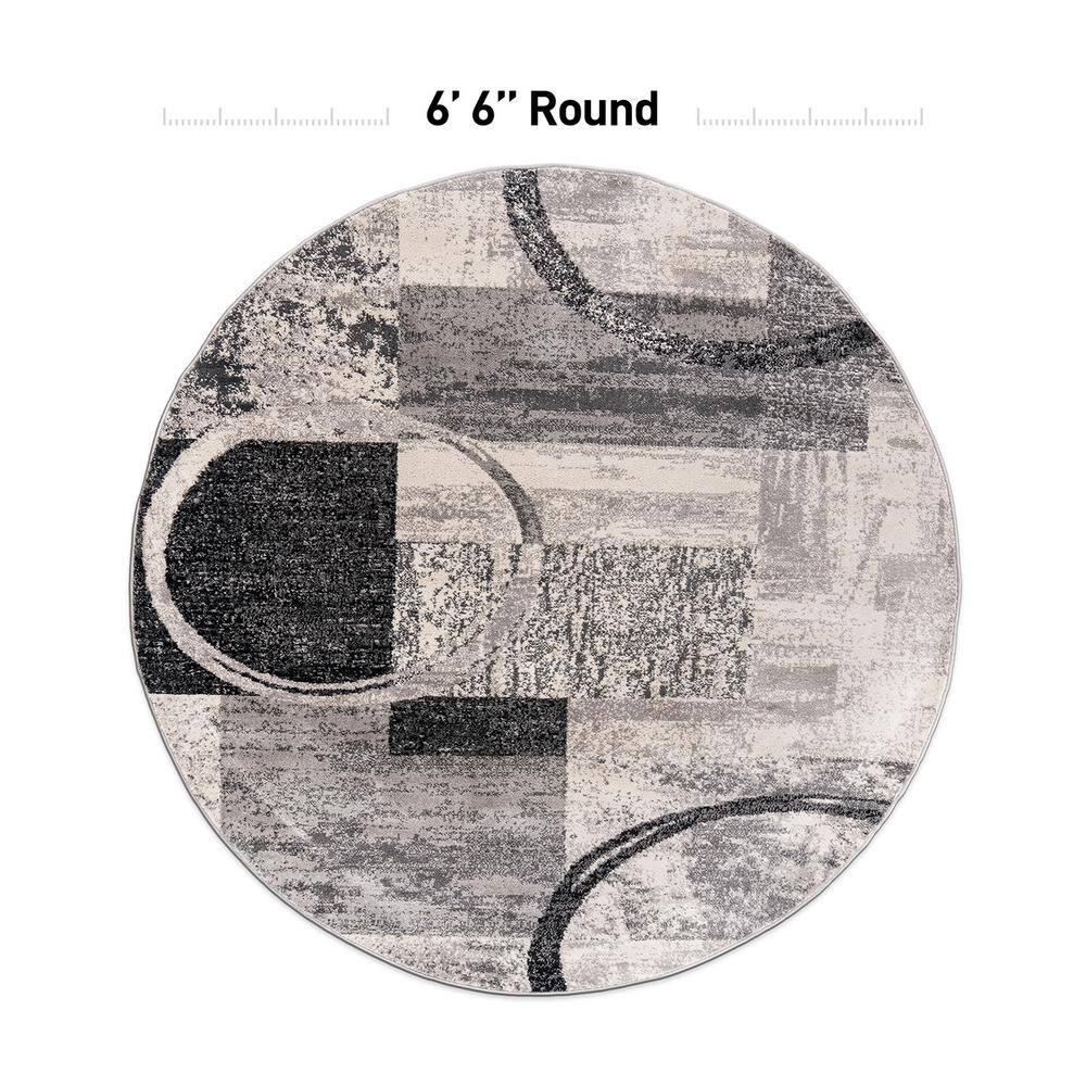 Cream and Gray Abstract Round Synthetic Area Rug