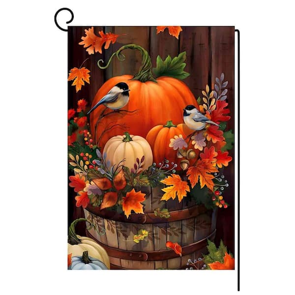 12 in. x 18 in. Double Sided Thanksgiving Pumpkin Bird Burlap Garden Flag for Outdoor Decor