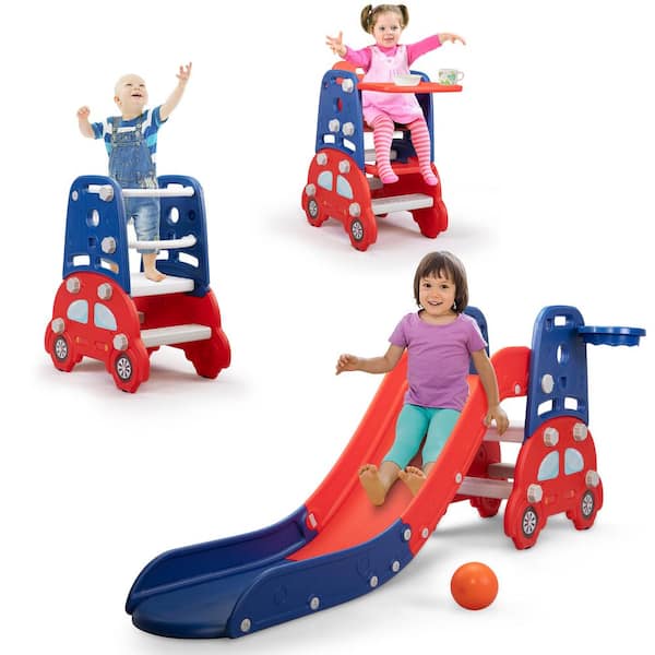 TOBBI 4-in-1 Toddler Slide Climber Playset Children Outdoor Playground , Kids Step Stool with Basketball Hoop, Red and Blue