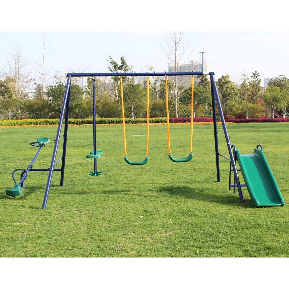 Multi-Colored Metal Outdoor Swing Set with Slide and Glider