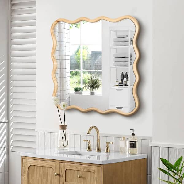 Unbranded Natural 35.8 in. W Wavy Square Solid Wood Wall Mirror Decor for Bathroom, Bedroom, Living Room, Cloakroom, Entryway