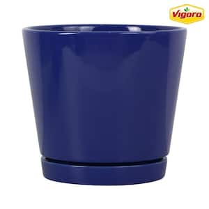 8.1 in. Piedmont Medium Blue Ceramic Planter (8.1 in. D x 7.6 in. H) with Drainage Hole and Attached Saucer