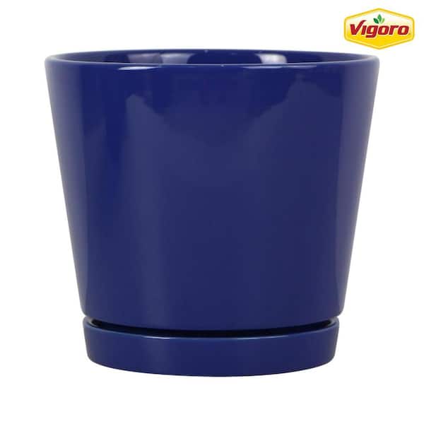 Vigoro 8.1 in. Piedmont Medium Blue Ceramic Planter (8.1 in. D x 7.6 in. H) with Drainage Hole and Attached Saucer