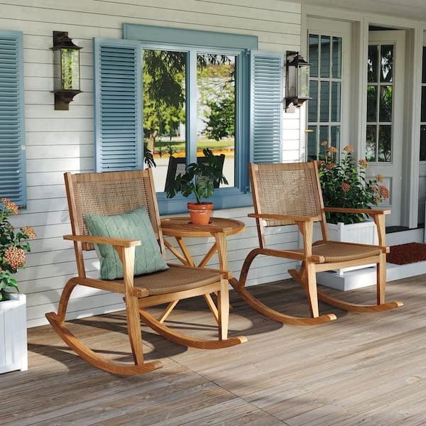 Cesicia 2-Pieces Natural Wood Outdoor Rocking Chair with Rattan Seat and Backrest
