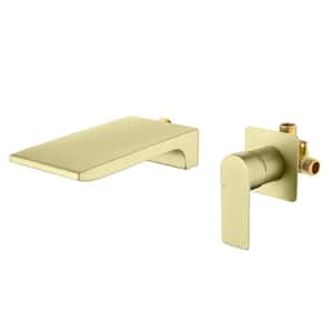 Single Handle Wall Mount Sink Faucet, Brushed Gold Waterfall Spout Bathroom Bathtub Faucet