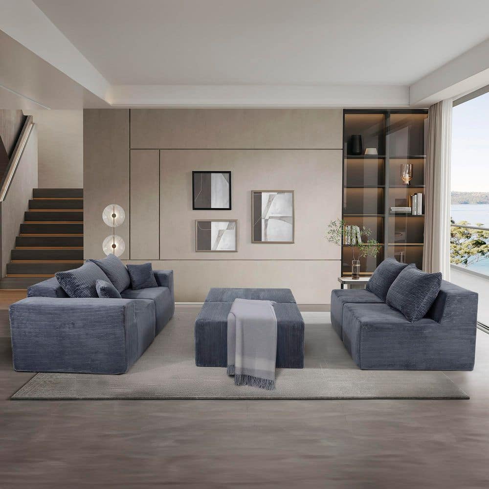 Nobleman 128.35 in. Square Arm Corduroy Upholstered U Shaped Sectional Sofa in. Gray with 2 Ottomans, Pillows