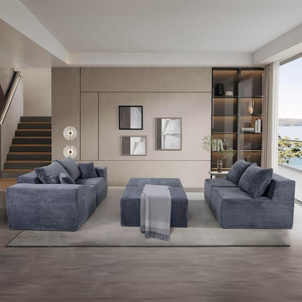 Nobleman 128.35 in. Square Arm Corduroy Upholstered U Shaped Sectional Sofa in. Gray with 2 Ottomans, Pillows