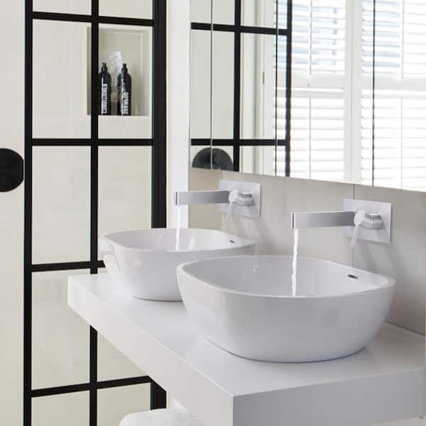 Single Handle 2-Hole Widespread Wall Mounted Bathroom Sink Faucet with Deck Plate and Rough-in Valve in Brushed Nickel
