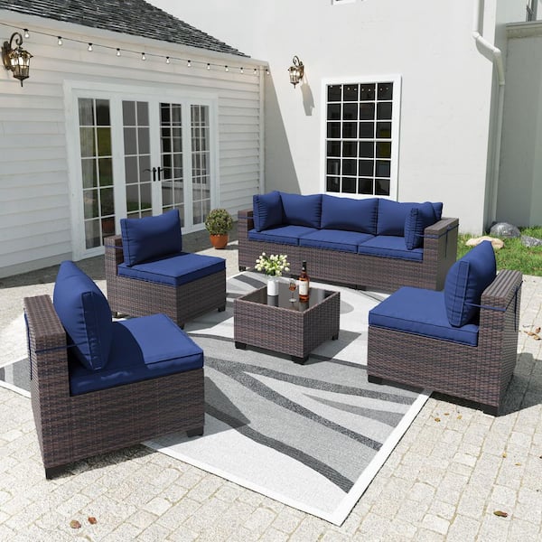 7-Piece Brown Wicker Outdoor Sectional Set with 6-Seats, Adjustable Feetpad and Cushion Navy Blue