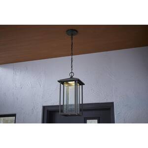 Mauvo Canyon Modern 1-Light Black Integrated LED Outdoor Dusk to Dawn Large Pendant Light with Seeded Glass