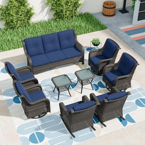 9-Pieces Patio Furniture Set Outdoor Wicker Sectional Sofa with Blue Cushions and Glass Top Coffee Table