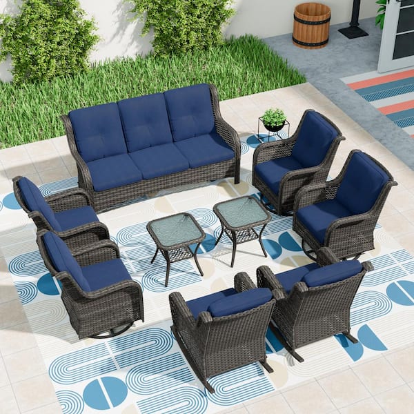 Patio Furniture Set 9 Pieces Outdoor Wicker Sectional Sofa with Blue Cushions
