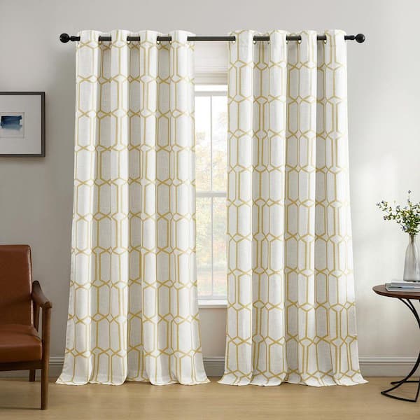 Kaiden Light Gold Geometric Poly-Linen 52(in)X84(in) Grommet Top Blackout Curtain Panel