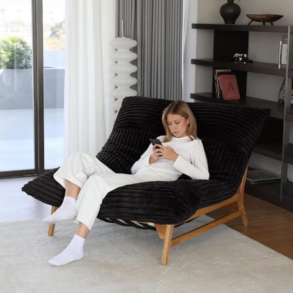 Black Rabbit Hair Plush Fabric Armless Solid Wood Accent Recliner Chair with Bean Cushion