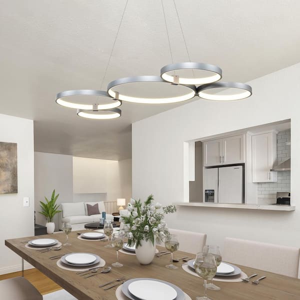 Capella 80-Watt ETL Certified Integrated LED Silver Chandelier 50 in. Pendant Light with 5 LED Circles
