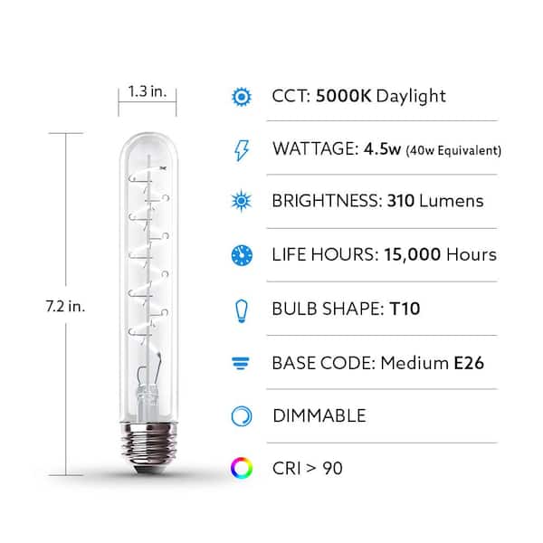 Feit Electric 25-Watt Equivalent T10 Dimmable LED Smoke Glass Vintage Edison Large Light Bulb with Spiral Filament Daylight (4-Pack) Feit Electric 25-Watt Equivalent T10 Dimmable LED Smoke Glass Vintage Edison Large Light Bulb with Spiral Filament Daylight (4-Pack)