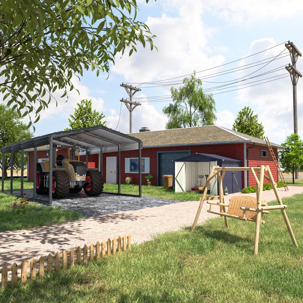 12' x 20' Gray Metal Carport with Peak Roof