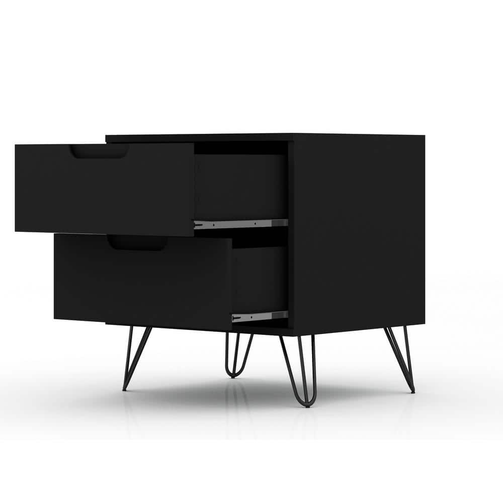 Mid-Century Modern Black Nightstand with Splayed Metal Legs, Set of 2