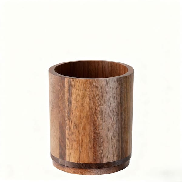 Natural Brown Acacia Wood Utensil Holder with 360° Rotating Base for Kitchen Countertop Organization