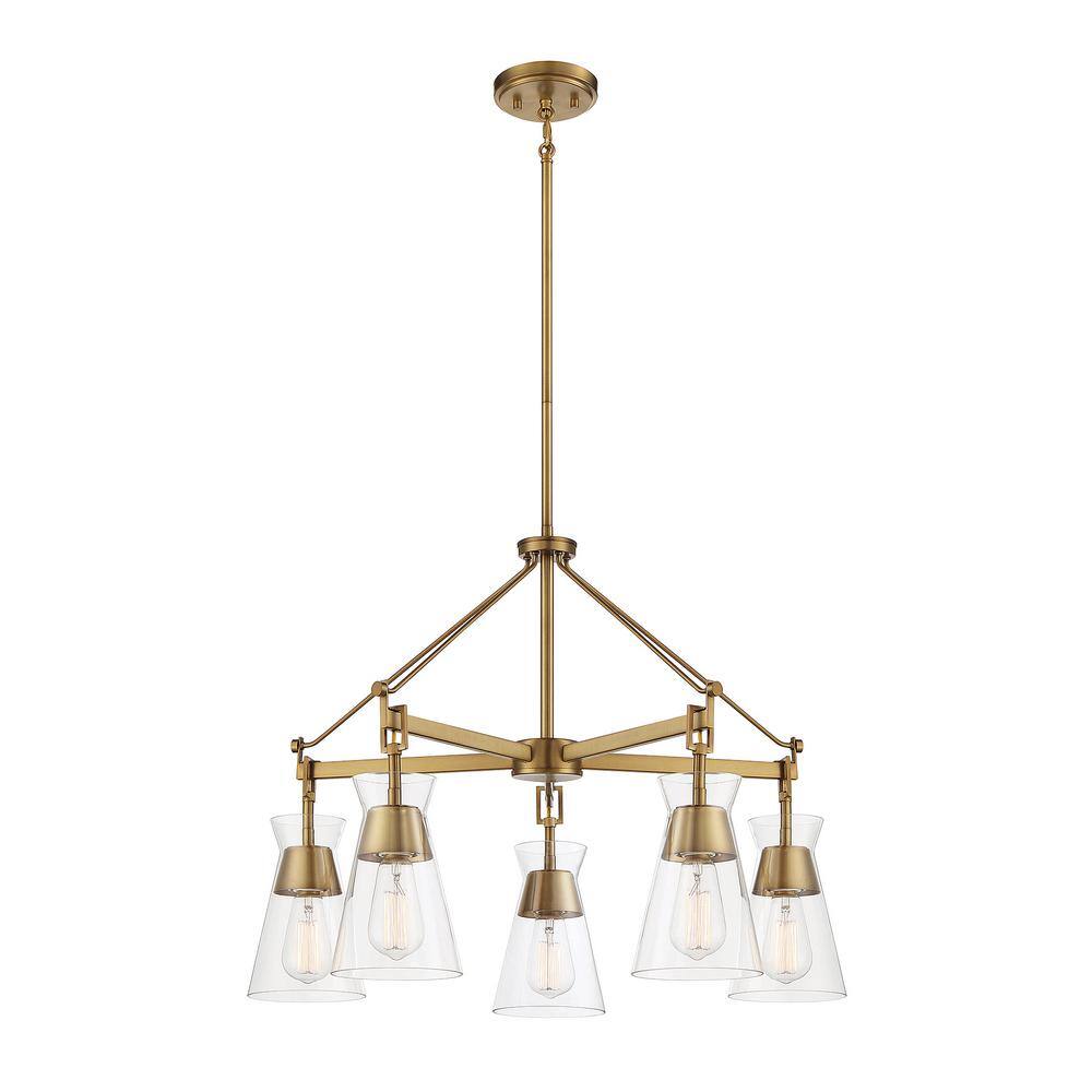 Lakewood 28" Warm Brass 5-Light Chandelier with Clear Glass Shades