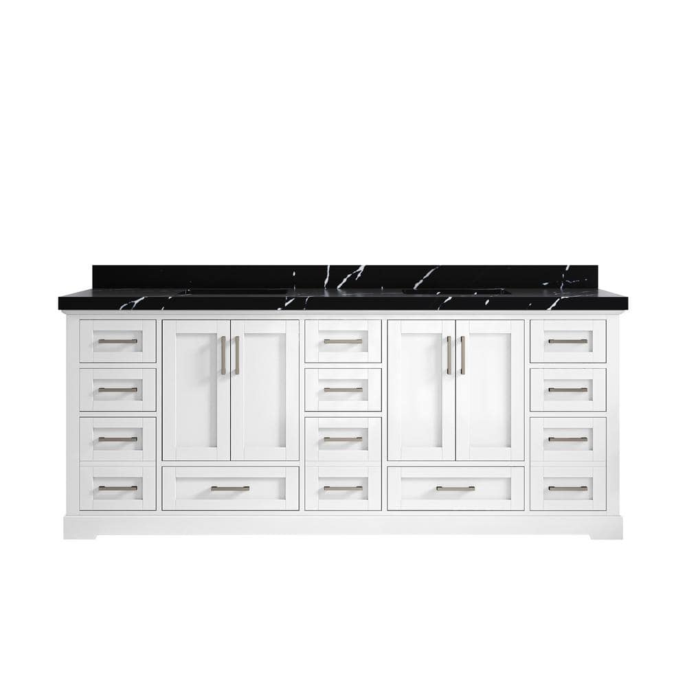 Boston 84 in. W x 22 in. D x 36 in. H Double Sink Bath Vanity in White with 2 in. Calacatta Black Qt. Top price history on PriceWatchPro