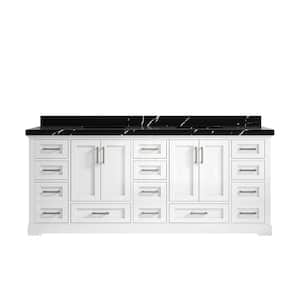 Boston 84 in. W x 22 in. D x 36 in. H Double Sink Bath Vanity in White with 2 in. Calacatta Black Qt. Top