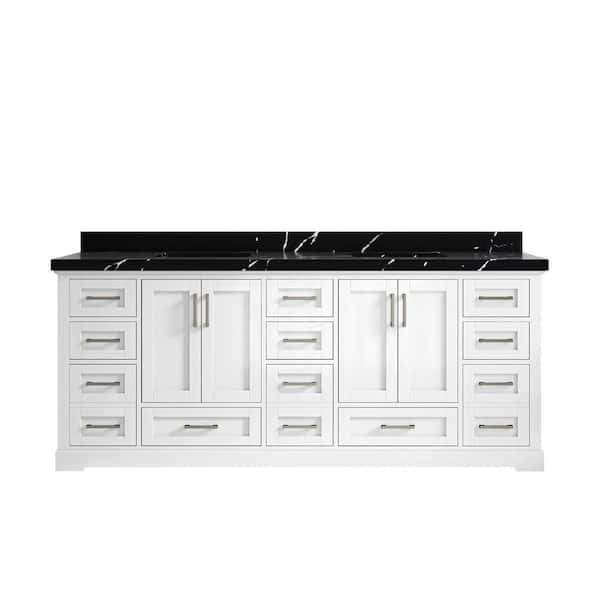Willow Collections Boston 84 in. W x 22 in. D x 36 in. H Double Sink Bath Vanity in White with 2 in. Calacatta Black Qt. Top