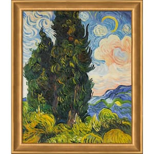 2-Cypresses by Vincent Van Gogh Muted Gold Glow Framed Nature Oil Painting Art Print 24 in. x 28 in.