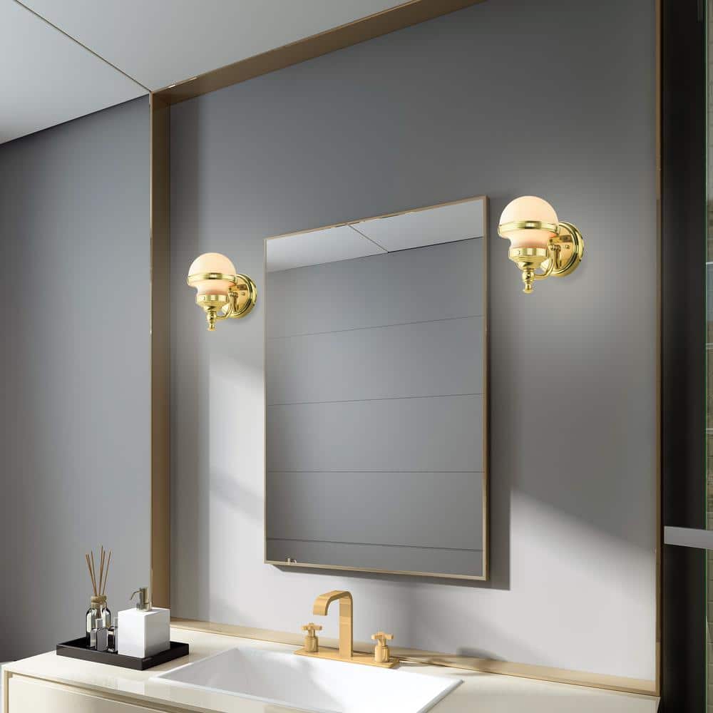 Oldwick Polished Brass 1-Light Sconce with Satin Opal White Glass