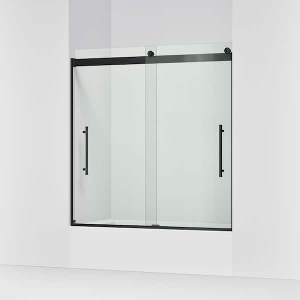 Elmbrook 55-60 in. W x 62 in. H Sliding Frameless Bathtub Door in Matte Black with Clear Tempered Glass