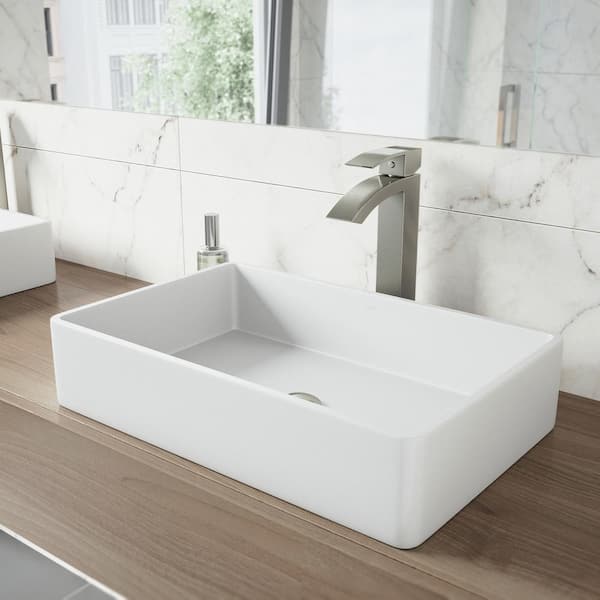 VIGO Matte Stone Magnolia Composite Rectangular Vessel Bathroom Sink in White with Faucet and Pop-Up Drain in Brushed Nickel