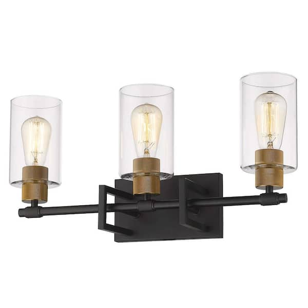 JAZAVA 22 in. 3 Light Black and Antique Gold Finish Vanity Light with Clear Glass Shade