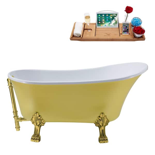 Streamline 55 in. Acrylic Clawfoot Non-Whirlpool Bathtub in Matte Yellow With Brushed Gold Clawfeet And Brushed Gold Drain
