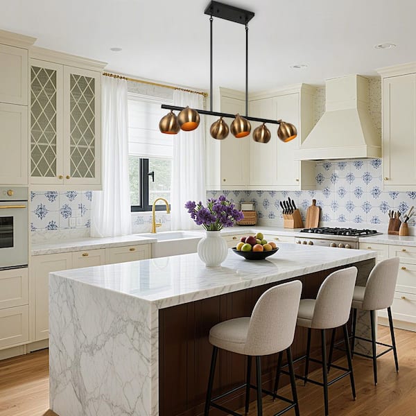 Modern 6-Light Brass-Plated/Black Chandelier, Globe Pendant Light for Dining Room, Mid-Century Linear Pendant Lighting