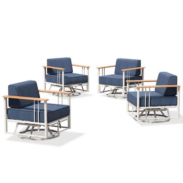 Minimalism White Metal Outdoor Patio Conversation Rocking Chair Swivel Glide with Blue Cushions (4-Pack)