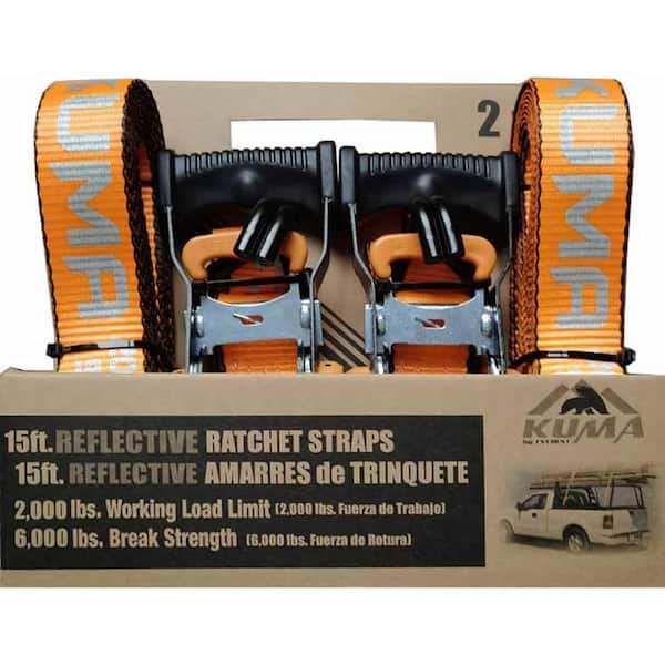 EVEREST 1.5 in. x 15 ft. Kuma Heavy Duty Reflective Ratchet Strap 2,000LBS WLL 2-Pack