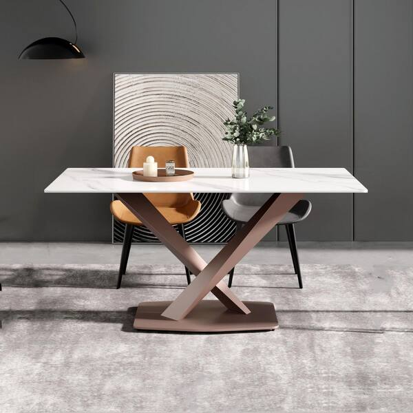 Magic Home 63 in. Sintered Stone Rectangle White Top Cross Legs Cross Purple Carbon Steel Base Dining Table (6 Seats)