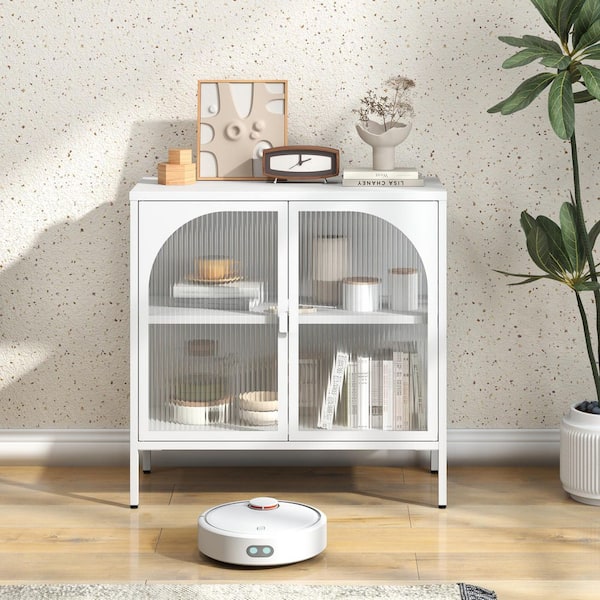 Unbranded White 31.5 in Metal Accent Storage Cabinet with Glass Doors Adjustable Shelves Sideboard Buffet Cabinet Display Cabinet