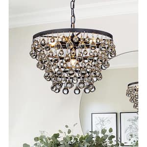 17 in. 5-Light Modern Tiered Matte Black Glam Chandelier with Hanging Teardrop Glass Crystals